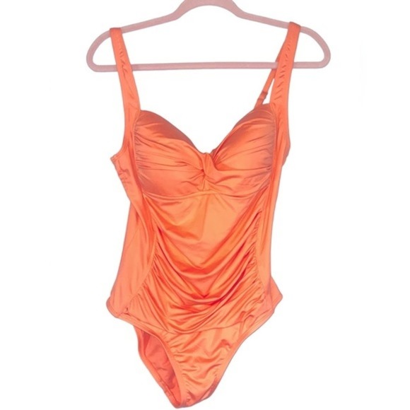 Liz Claiborne Retro Pinup Orange Coral Ruched One Piece Swimsuit size 12 - Picture 2 of 10